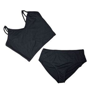 Black Ribbed Two-Piece Bikini Strappy Top & High-Waist Bottoms Womens Size M